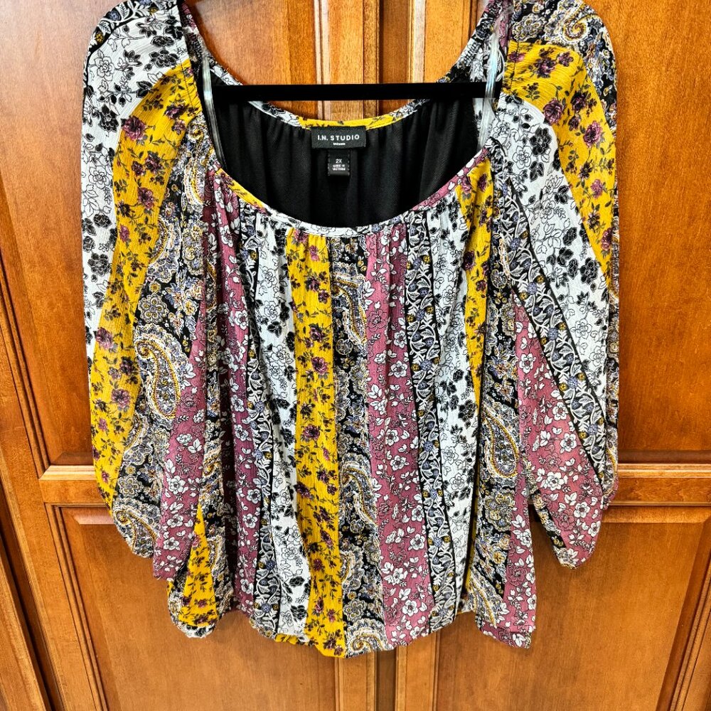 Women's Multi Color Floral Bubble Blouse in 2XL